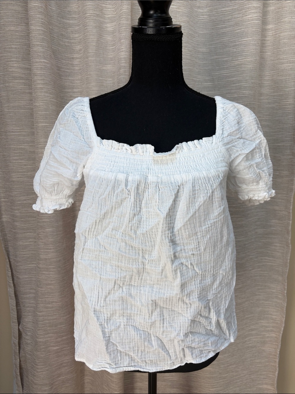J. Crew White Smocked Square-Neck Puff Sleeve Blouse